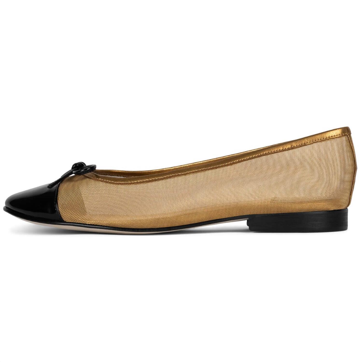 New Jeffrey Campbell Women's Releve Mesh Ballet Flats In Gold Mesh Black Patent